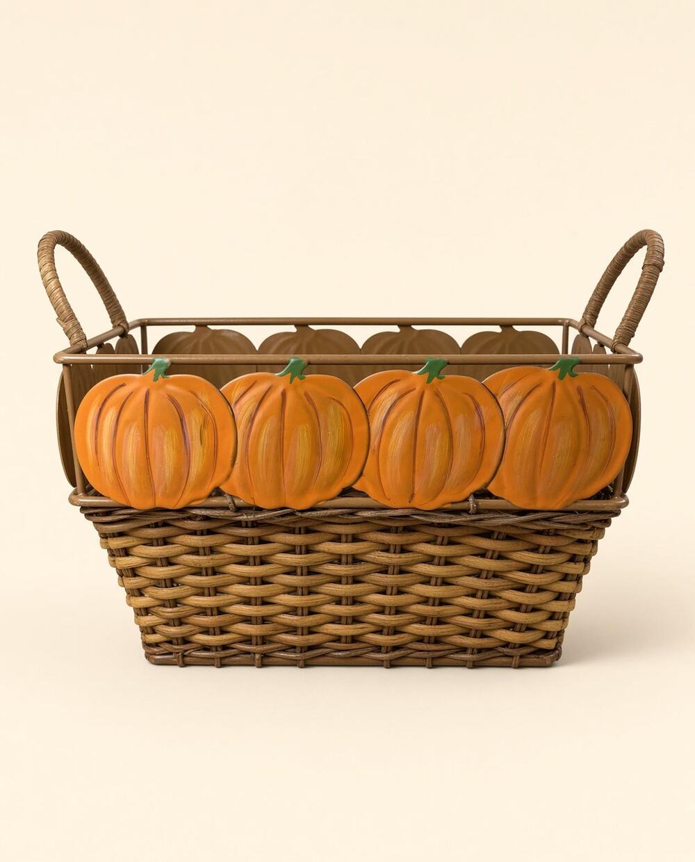 Wicker Pumpkin Basket, Metal Rail Cutouts, Fall Harvest Storage Bin, Handle Tray